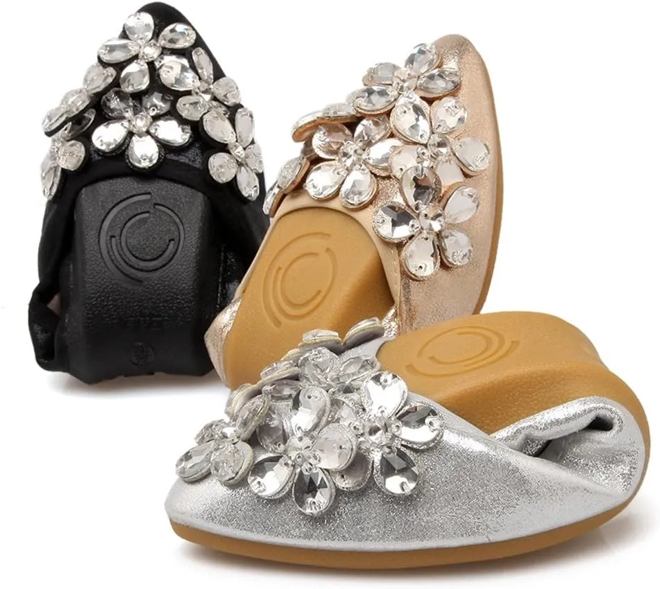 Meeshine Womens Foldable Soft Pointed Toe Ballet Flats Rhinestone Comfort Slip on Flat Shoes