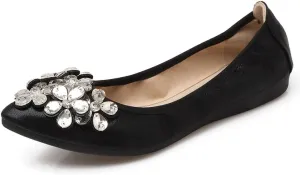 Meeshine Womens Foldable Soft Pointed Toe Ballet Flats Rhinestone Comfort Slip on Flat Shoes