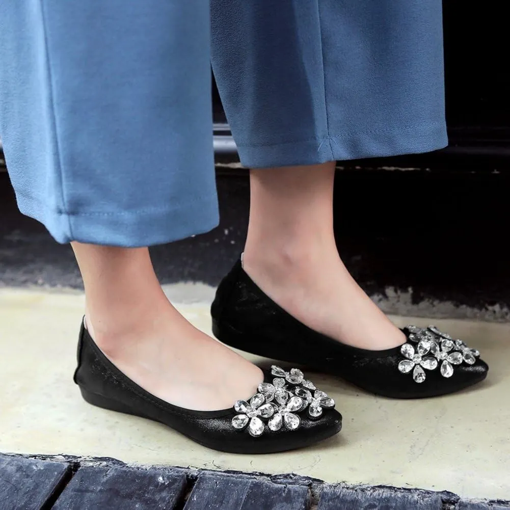 Meeshine Womens Foldable Soft Pointed Toe Ballet Flats Rhinestone Comfort Slip on Flat Shoes