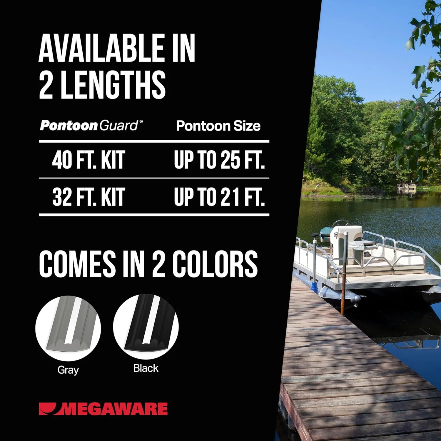 MEGAWARE KEELGUARD Pontoon Guard - Protects Exposed Areas of Your Pontoon from Dents and Scrapes - 3M Reflective Strip - Boat Tube and Log Bumper Guard - 40 Ft Kit - Pontoon up to 25 Ft (Gray)