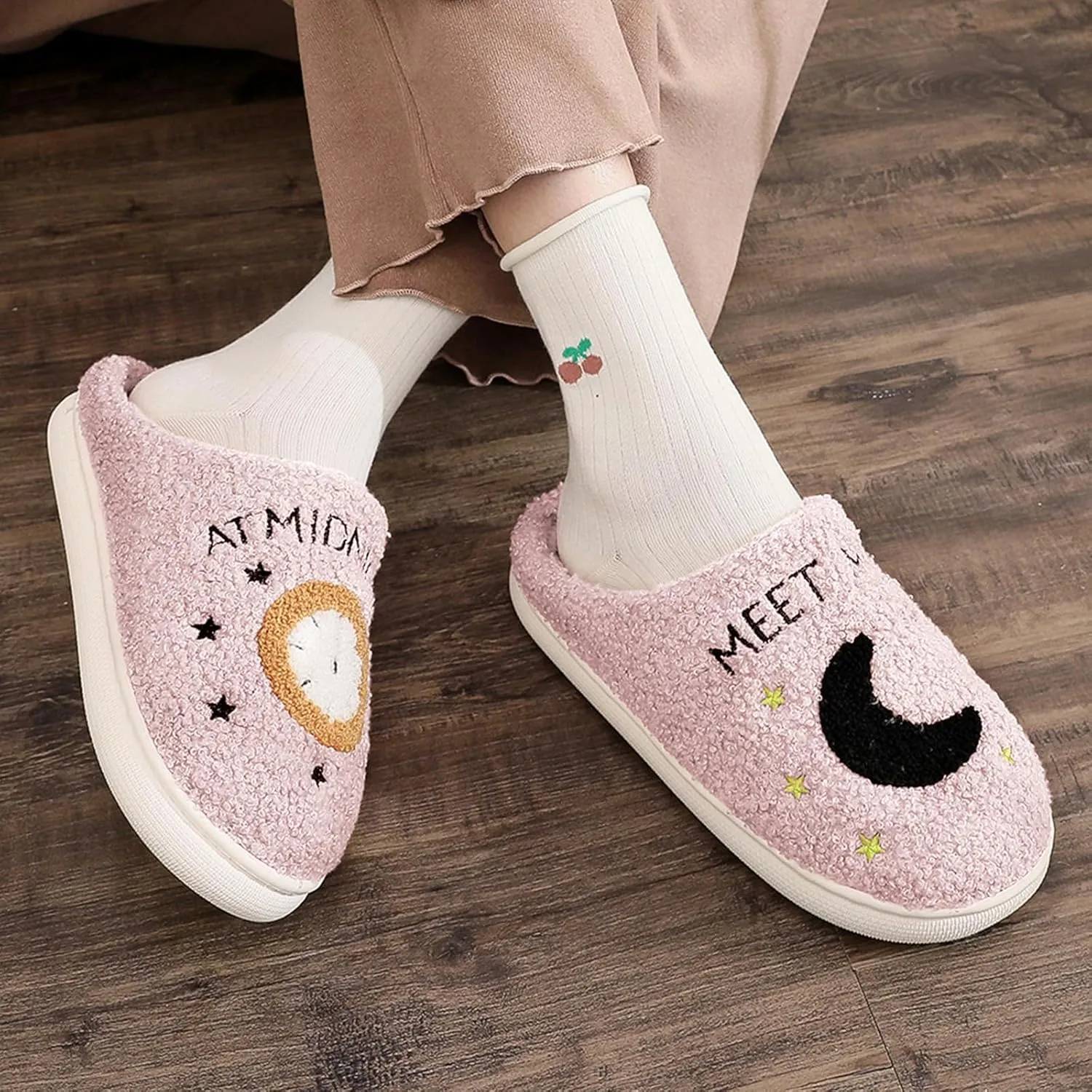 Menore Meet Me At Midnight Slippers for Womens Mens Soft Warm Fuzzy House Slides Memory Foam Lightweight Slip-on Slippers Indoor Outdoor