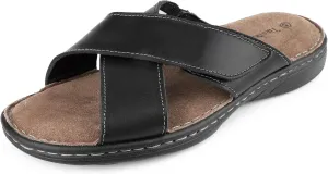 Mens Adjustable Slides Cross Napa Leather Open Toe Sandals Soft Memory Foam Slip On Sandlas Classic Dress Slides Summer Beach Comfy Slippers Rubber Non Slip Sole