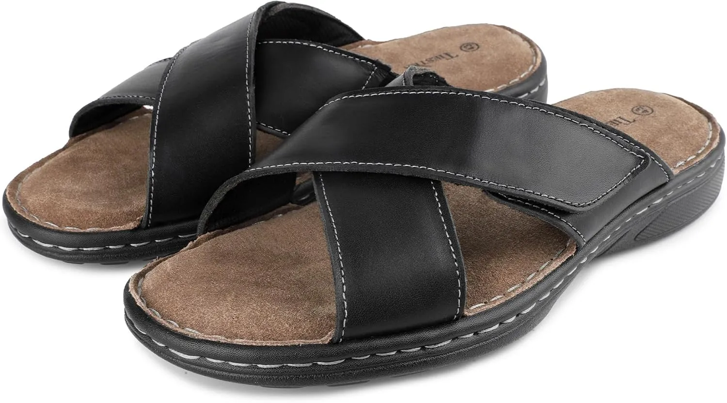 Mens Adjustable Slides Cross Napa Leather Open Toe Sandals Soft Memory Foam Slip On Sandlas Classic Dress Slides Summer Beach Comfy Slippers Rubber Non Slip Sole