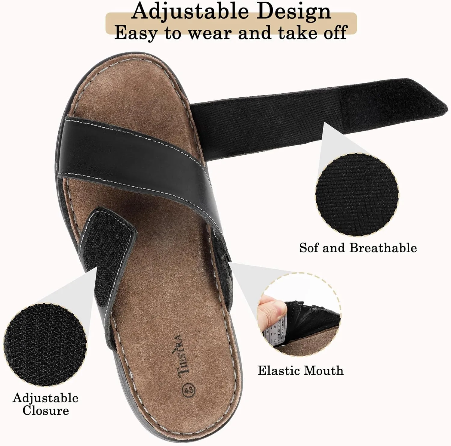 Mens Adjustable Slides Cross Napa Leather Open Toe Sandals Soft Memory Foam Slip On Sandlas Classic Dress Slides Summer Beach Comfy Slippers Rubber Non Slip Sole