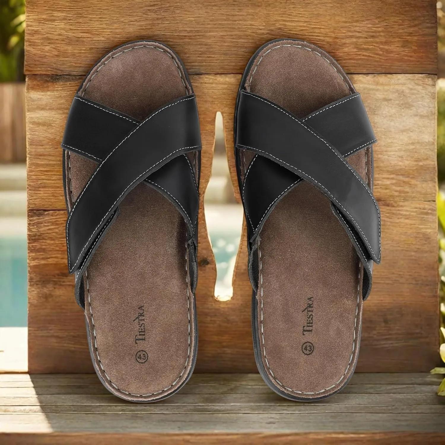 Mens Adjustable Slides Cross Napa Leather Open Toe Sandals Soft Memory Foam Slip On Sandlas Classic Dress Slides Summer Beach Comfy Slippers Rubber Non Slip Sole