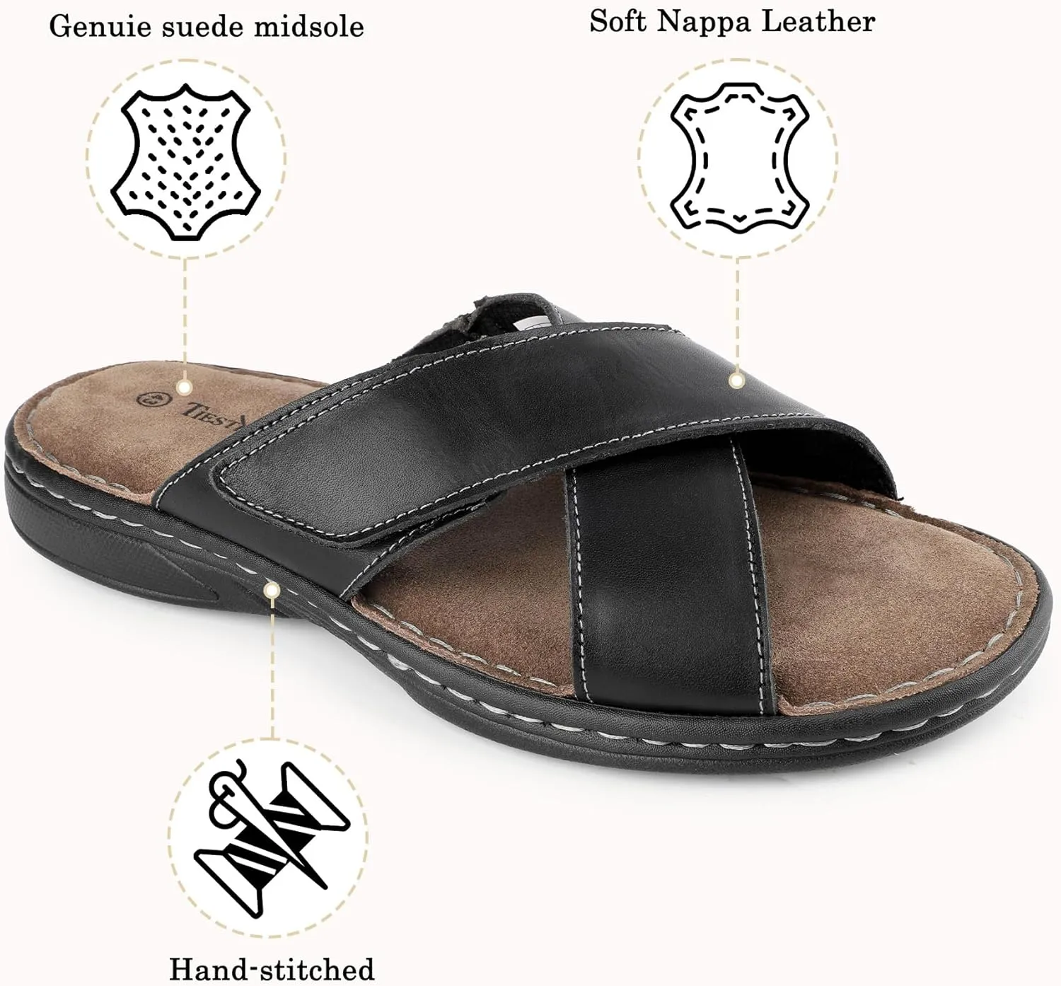 Mens Adjustable Slides Cross Napa Leather Open Toe Sandals Soft Memory Foam Slip On Sandlas Classic Dress Slides Summer Beach Comfy Slippers Rubber Non Slip Sole