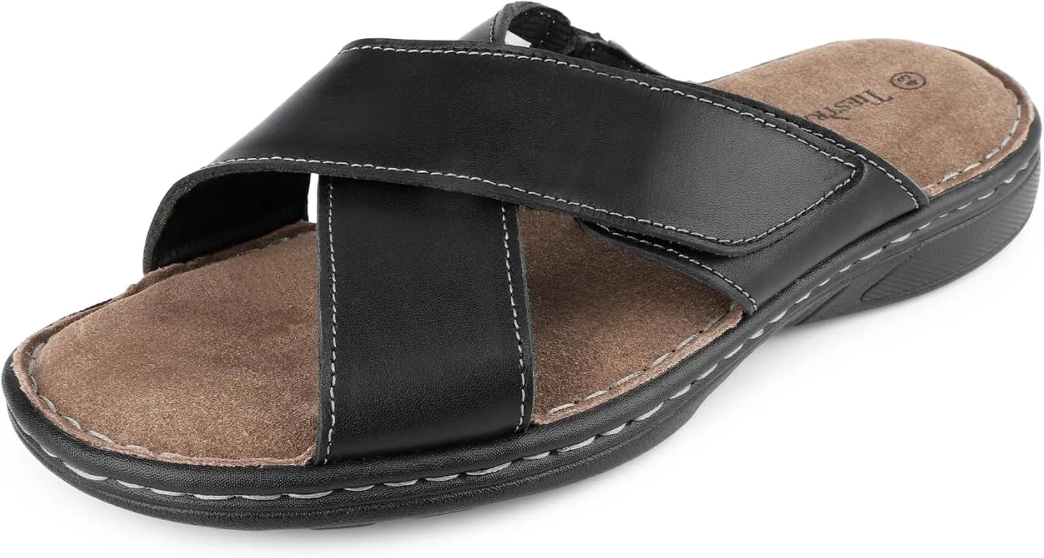 Mens Adjustable Slides Cross Napa Leather Open Toe Sandals Soft Memory Foam Slip On Sandlas Classic Dress Slides Summer Beach Comfy Slippers Rubber Non Slip Sole