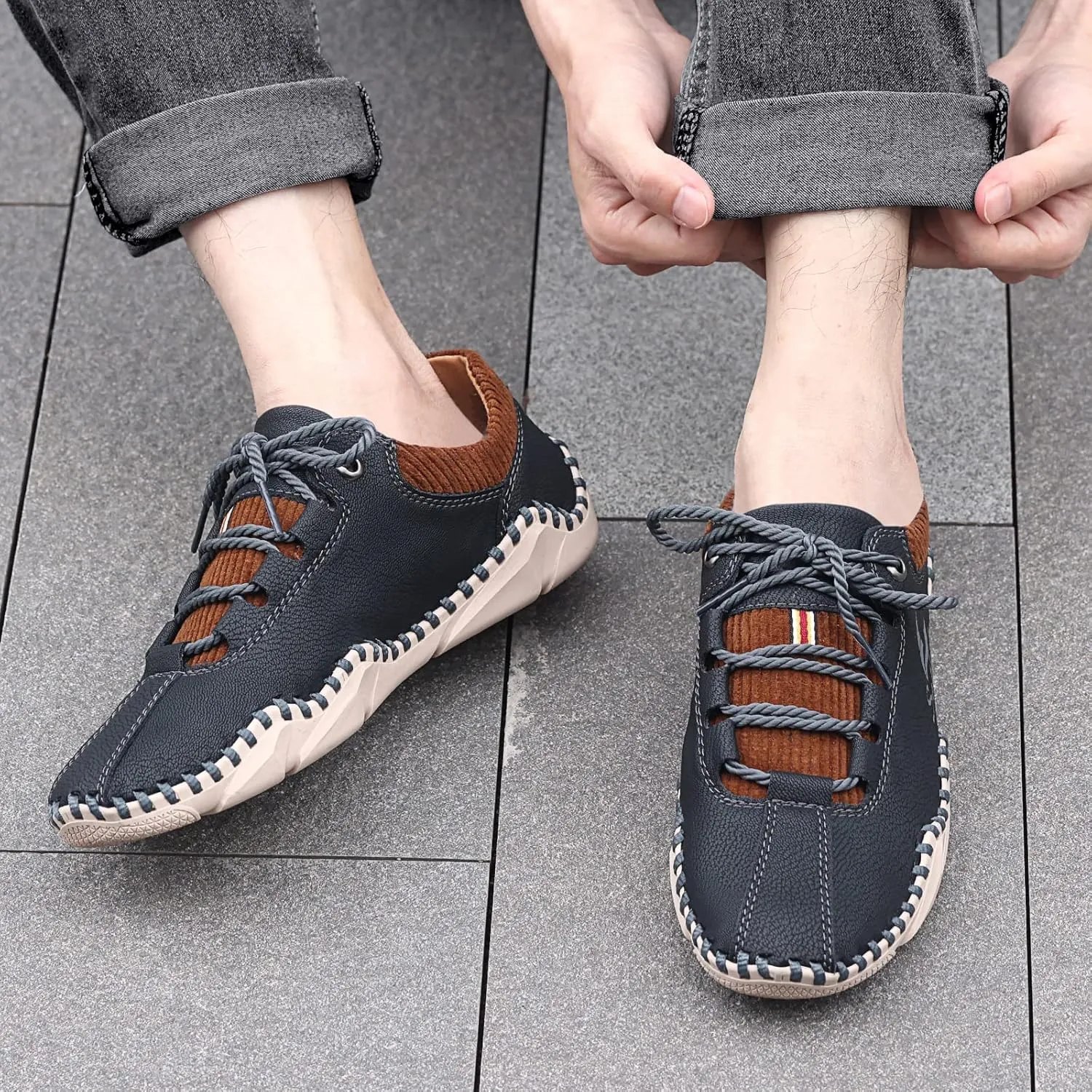 Mens Casual Shoes Fashion Sneakers Leather Oxfords Work Shoe Sneaker for Men Driving Loafers Shoes Slip On Flat Loafers Boat Shoes Moccasins Lightweight Soft Comfort Lace up Hand Stitching Ankle Boots