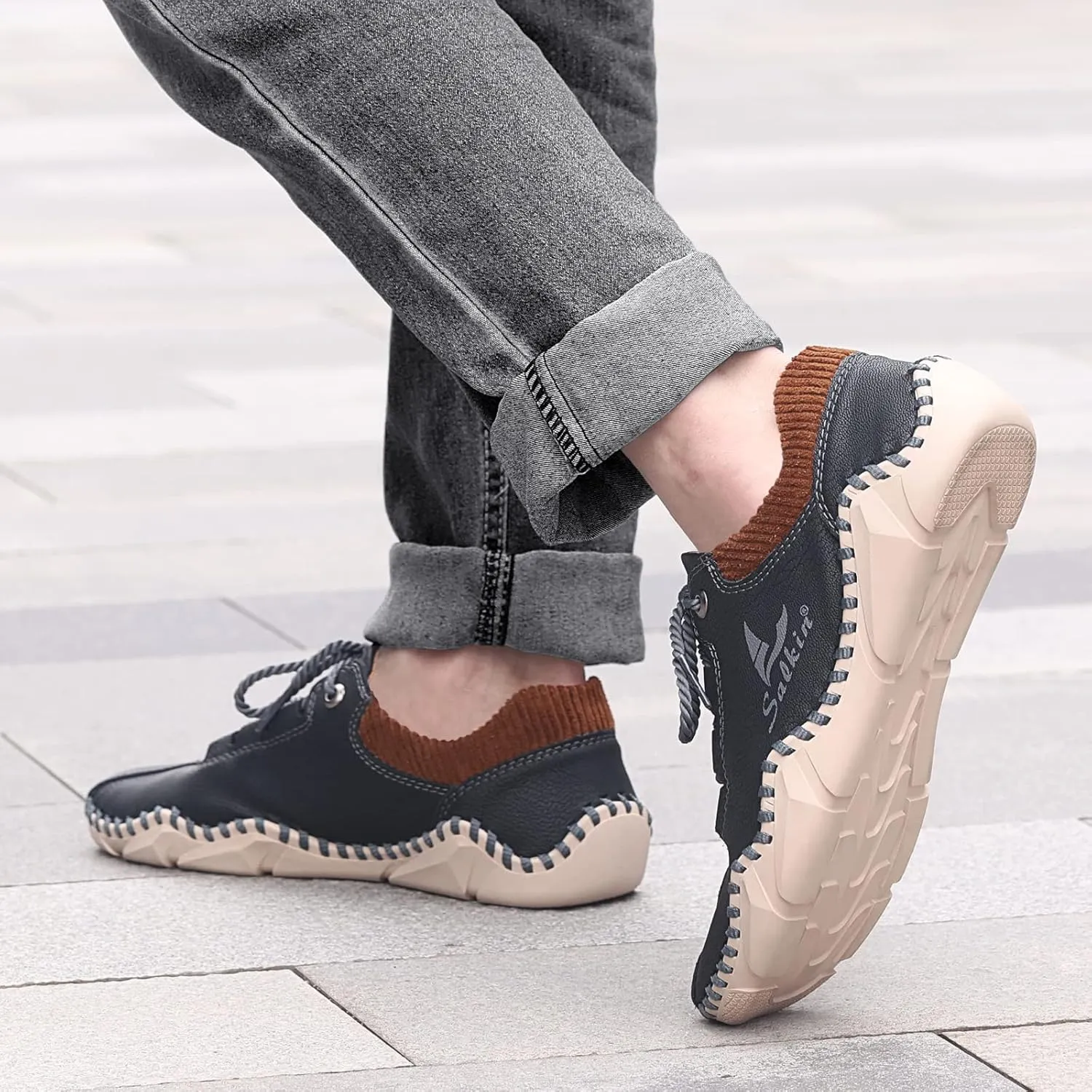 Mens Casual Shoes Fashion Sneakers Leather Oxfords Work Shoe Sneaker for Men Driving Loafers Shoes Slip On Flat Loafers Boat Shoes Moccasins Lightweight Soft Comfort Lace up Hand Stitching Ankle Boots