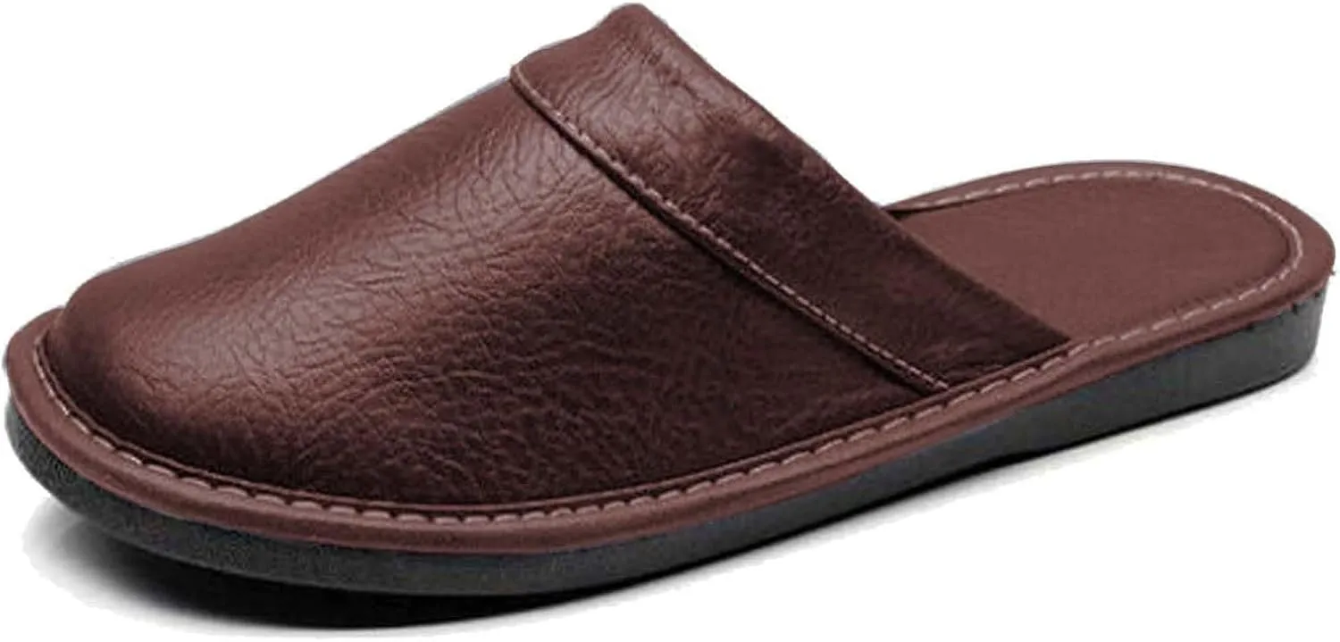 Men's Comfortable Round Toe Non-slip Soft Slippers Genuine Leather Slippers House Slip-on Shoes Office Bedroom Home Slippers
