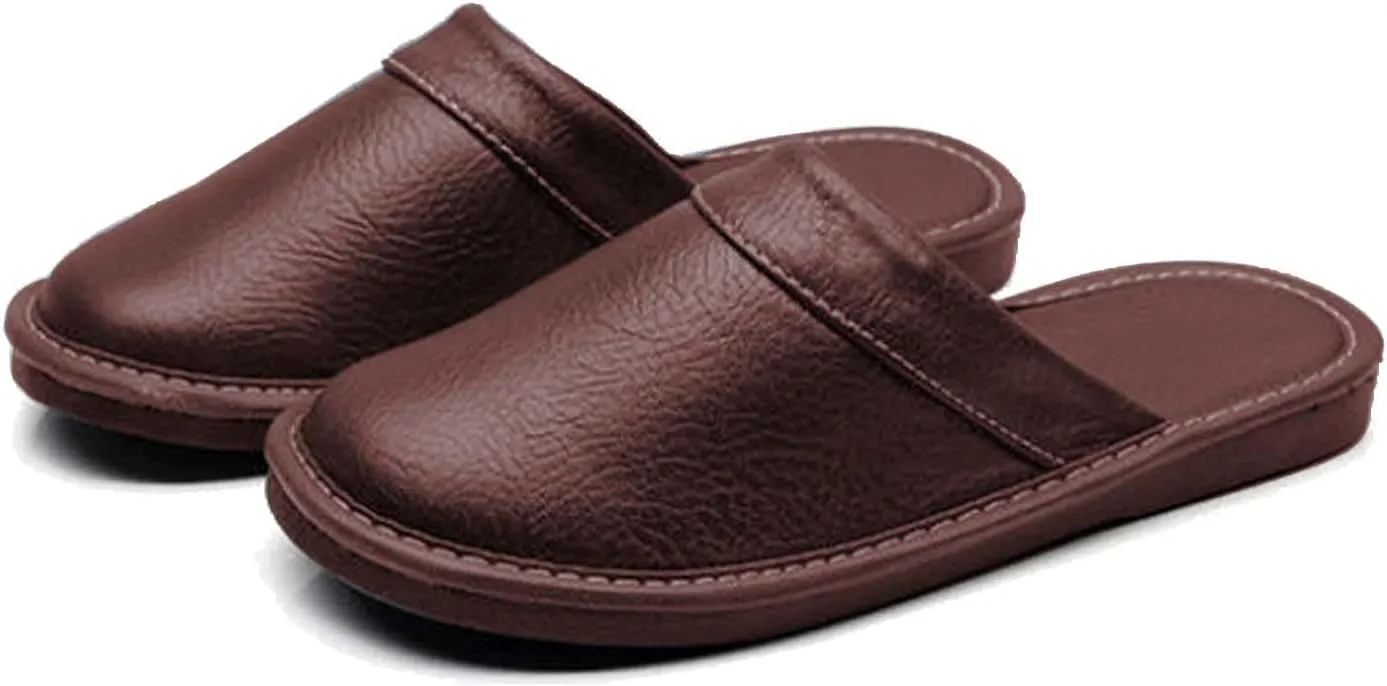 Men's Comfortable Round Toe Non-slip Soft Slippers Genuine Leather Slippers House Slip-on Shoes Office Bedroom Home Slippers