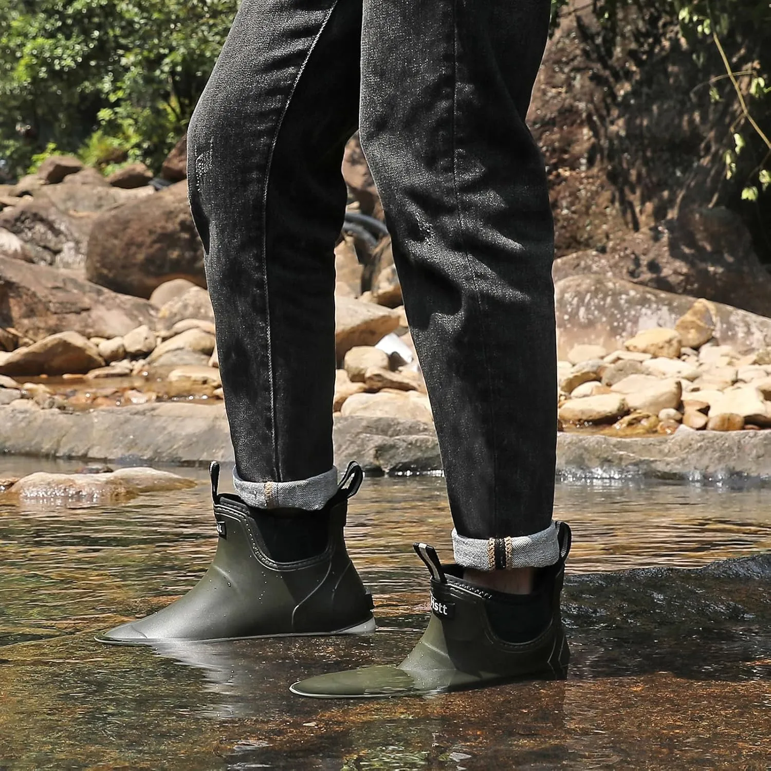 Men’s Deck Boots, Waterproof Men High Traction Fishing Boots, Lightweight Garden Rain Boots, Rubber Boots for Work Ankle, Durable Water Shoes for Boat
