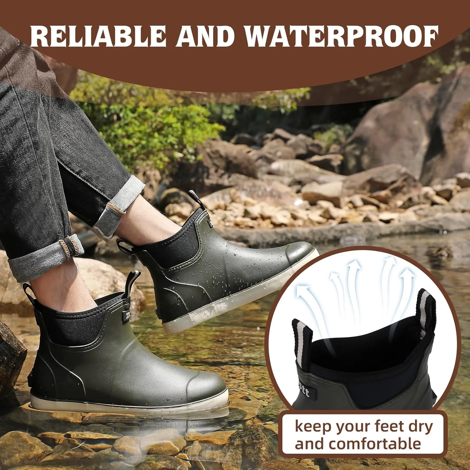 Men’s Deck Boots, Waterproof Men High Traction Fishing Boots, Lightweight Garden Rain Boots, Rubber Boots for Work Ankle, Durable Water Shoes for Boat