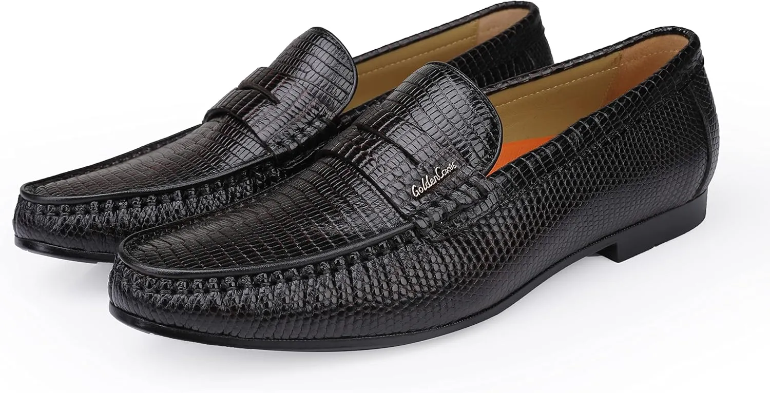 Men's Genuine Leather Loafers Crocodile Printed Slip On Soft Driving Dress Shoes