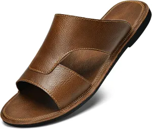 Men's Leather Cutout Slides Sandals Comfortable Lightweight Open Toe Anti-Slip Soft Bottom Slip On Slippers Summer Outdoor Casual Beach Sandals