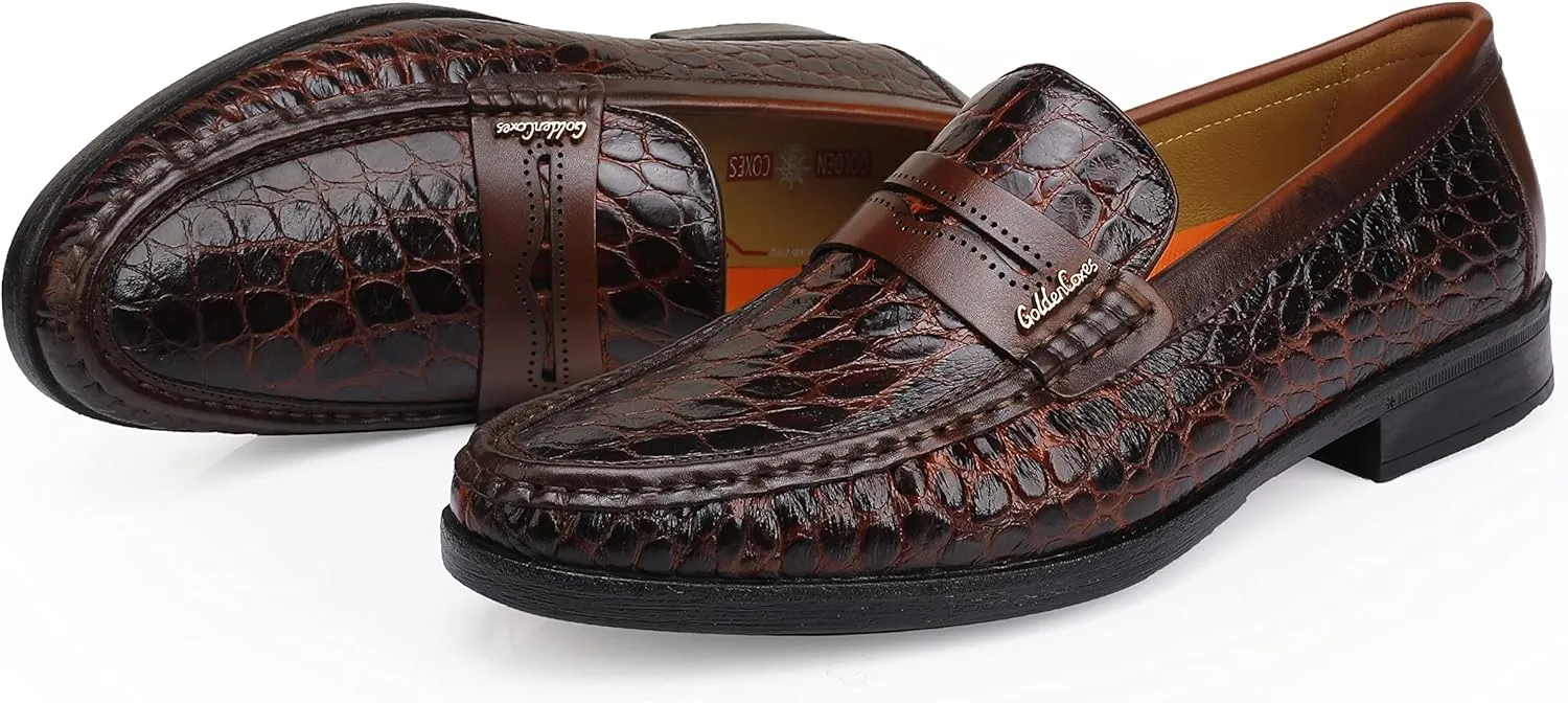 Men's Leather Penny Loafers Formal Dress Shoes Crocodile Printed Soft Slip-On Loafer for Men
