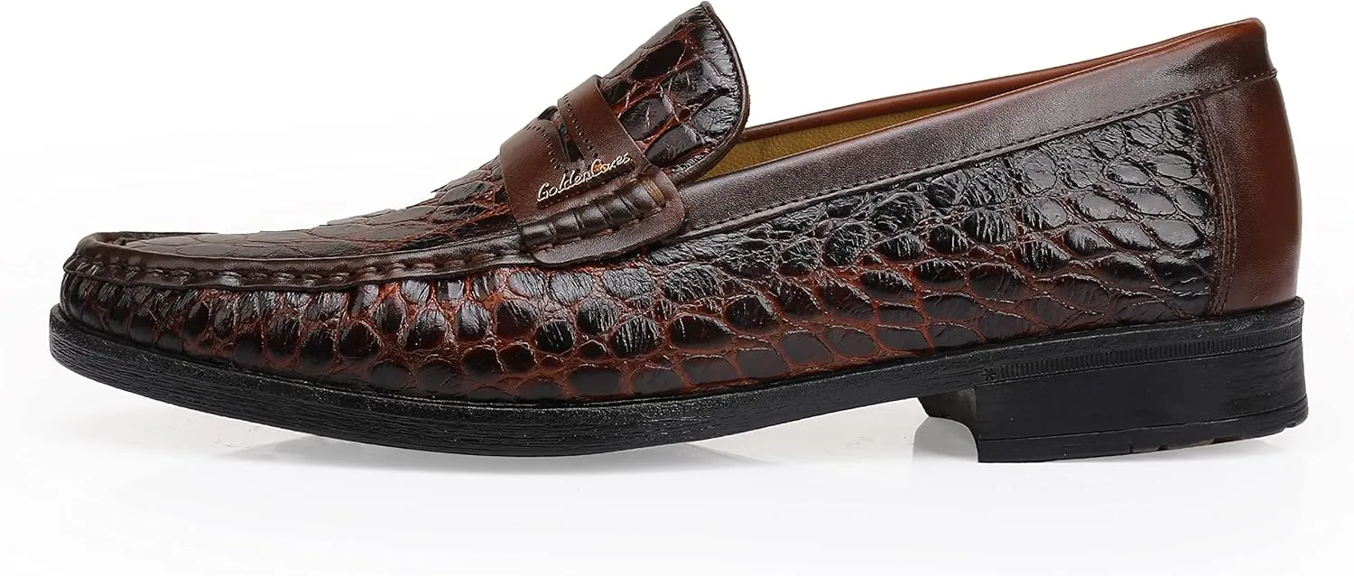 Men's Leather Penny Loafers Formal Dress Shoes Crocodile Printed Soft Slip-On Loafer for Men