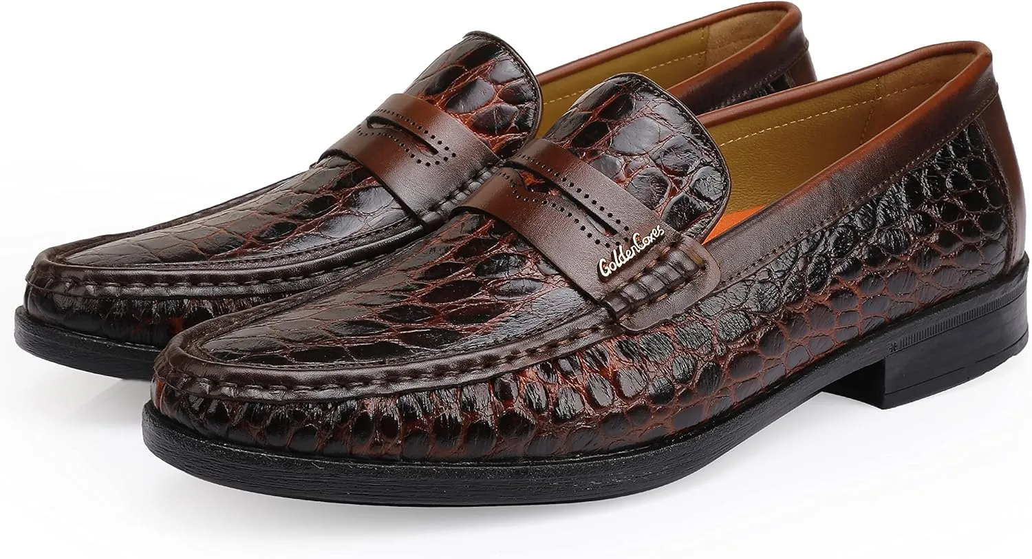 Men's Leather Penny Loafers Formal Dress Shoes Crocodile Printed Soft Slip-On Loafer for Men
