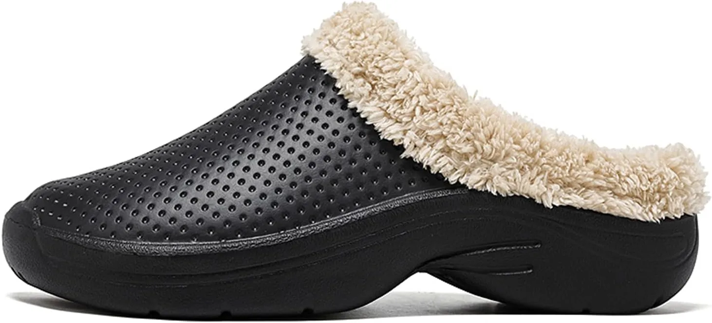 Men’s Lined Clogs Women’s Winter Fuzzy Slippers Waterproof Fur Lined Clogs Slip On Room Shoes Non-Slip Garden Shoes