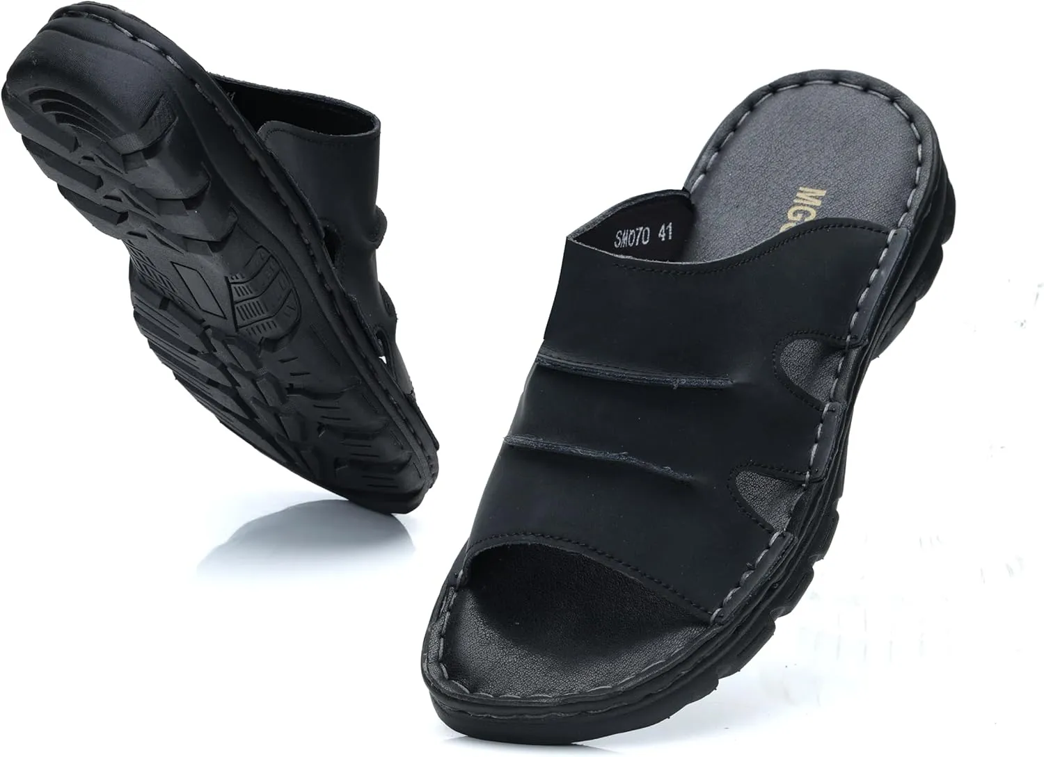 Men's Slide Sandal Summer Leather Slipper Outdoor Slip on with Soft Comfy Arch Support