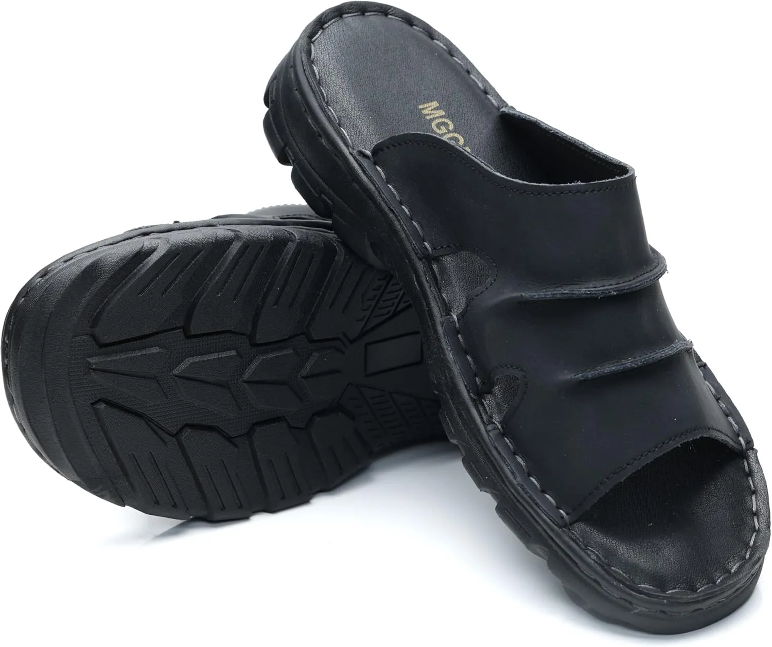 Men's Slide Sandal Summer Leather Slipper Outdoor Slip on with Soft Comfy Arch Support
