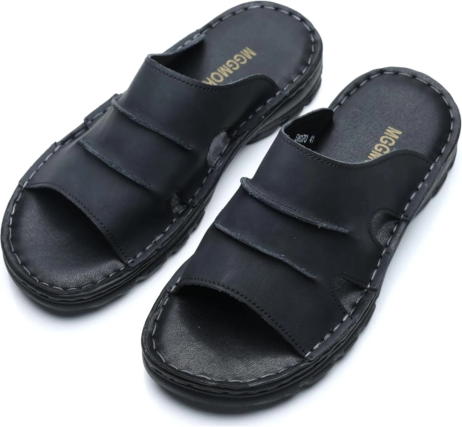 Men's Slide Sandal Summer Leather Slipper Outdoor Slip on with Soft Comfy Arch Support