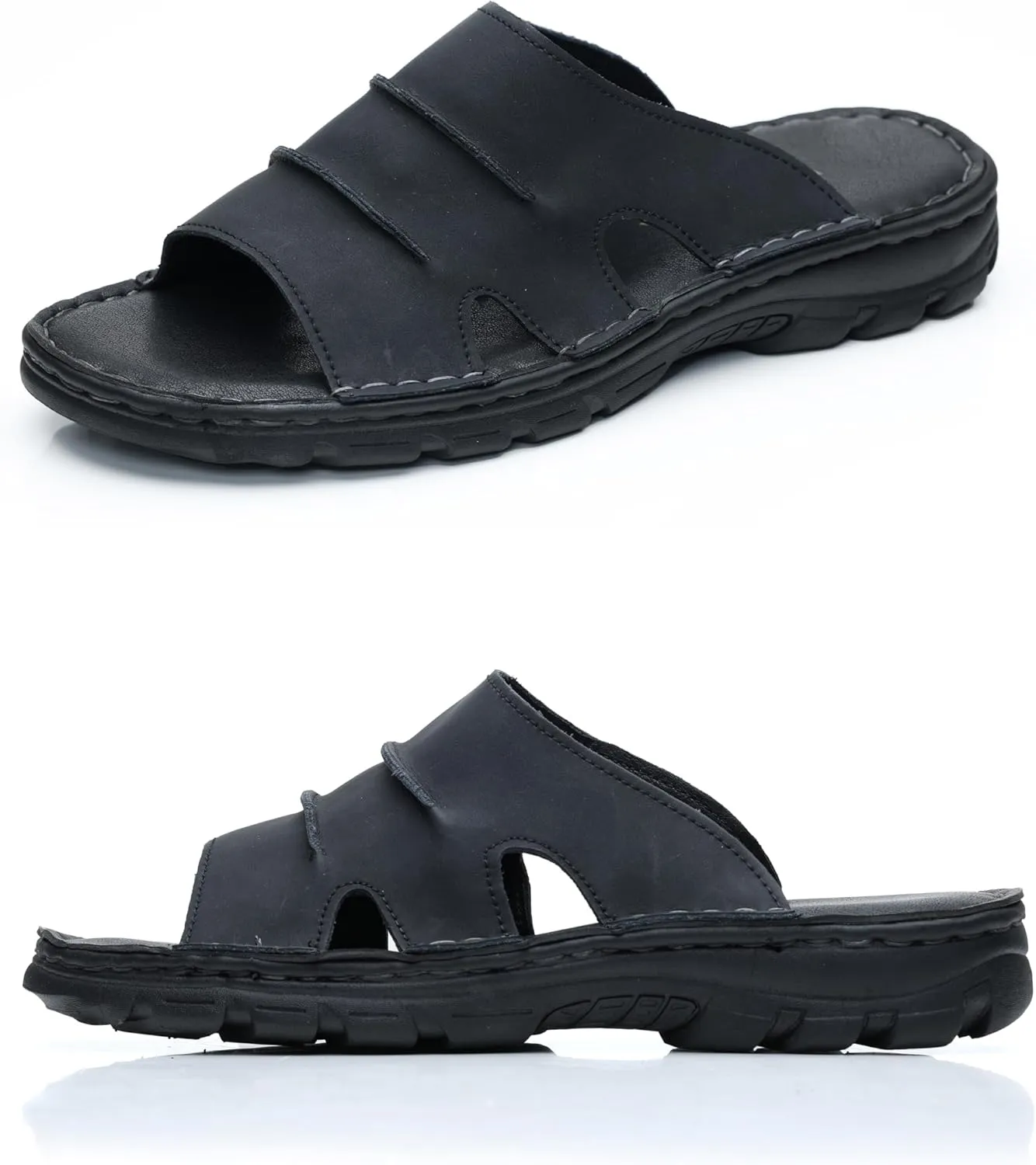 Men's Slide Sandal Summer Leather Slipper Outdoor Slip on with Soft Comfy Arch Support