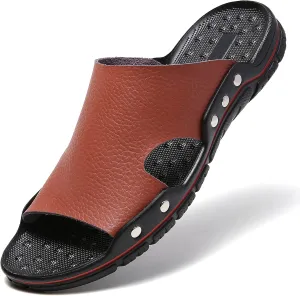 Men's Summer Leather Slide Sandals Open Toe Beach Slippers Shoes