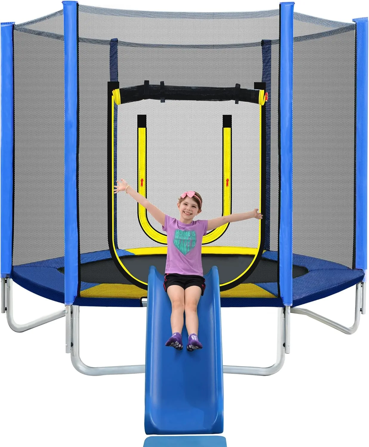 Merax 7ft Kids Trampoline with Slide,Enclosure Net and Ladder, Climb ‘n Slide Small Toddler Trampoline Indoor Outdoor for Kids