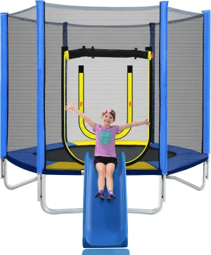 Merax 7ft Kids Trampoline with Slide,Enclosure Net and Ladder, Climb ‘n Slide Small Toddler Trampoline Indoor Outdoor for Kids