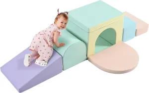 Merax Indoor Soft Foam Tunnel Climber, Toddler Climbing Toys with Tunnel, Steps and Ramp, Soft Climb and Crawl Playset Baby Soft Foam Blocks, 7-Piece