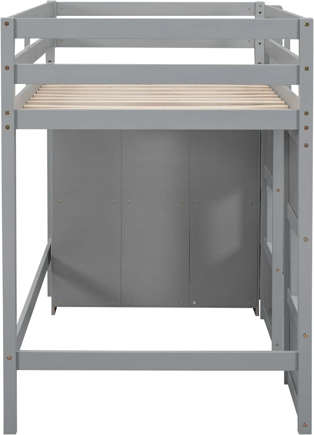 Merax Wood Loft Bed Twin Size with Storage Wardrobe, 2 Windows Design, for Teens, Boys & Girls, Grey