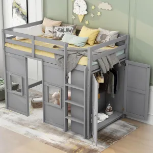 Merax Wood Loft Bed Twin Size with Storage Wardrobe, 2 Windows Design, for Teens, Boys & Girls, Grey