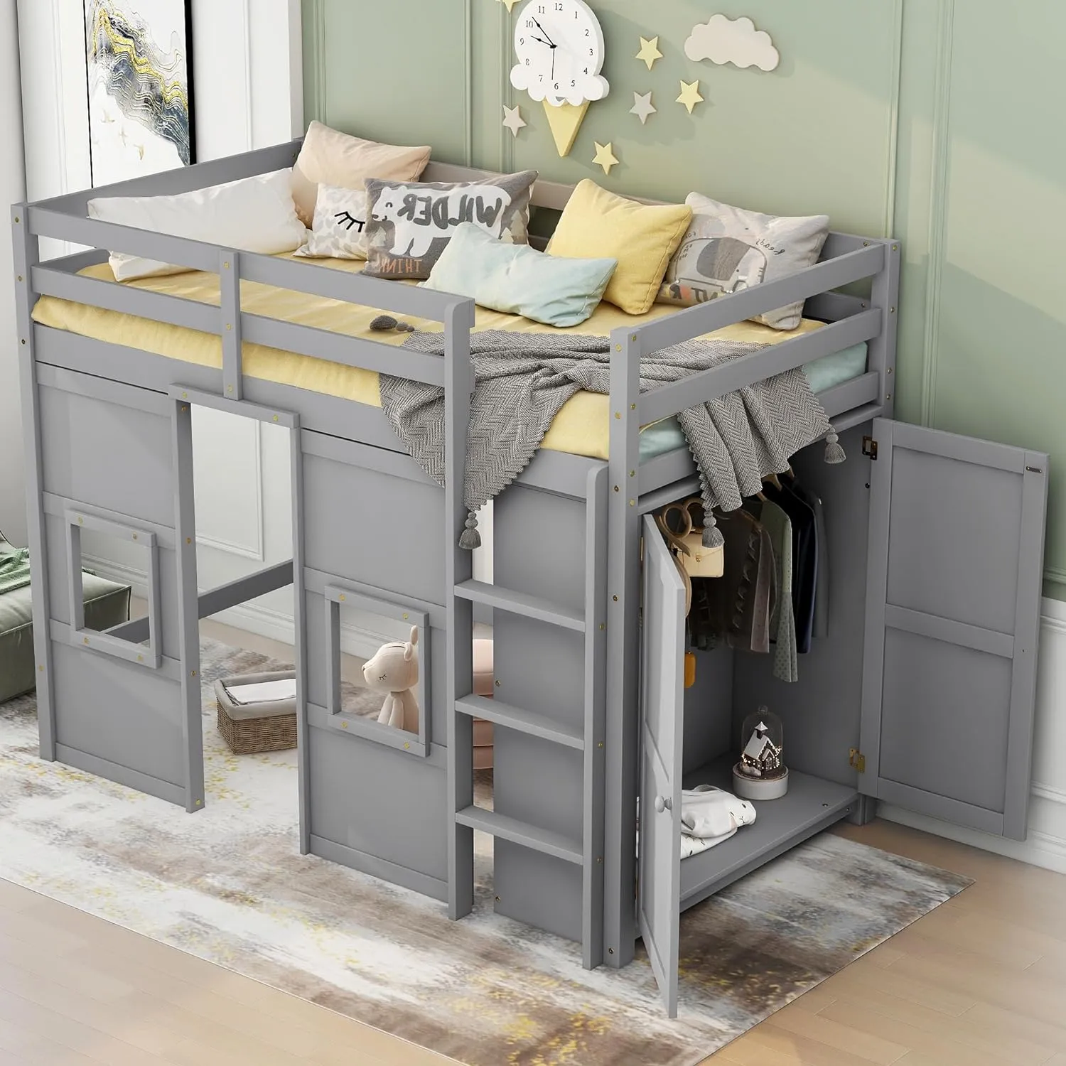 Merax Wood Loft Bed Twin Size with Storage Wardrobe, 2 Windows Design, for Teens, Boys & Girls, Grey