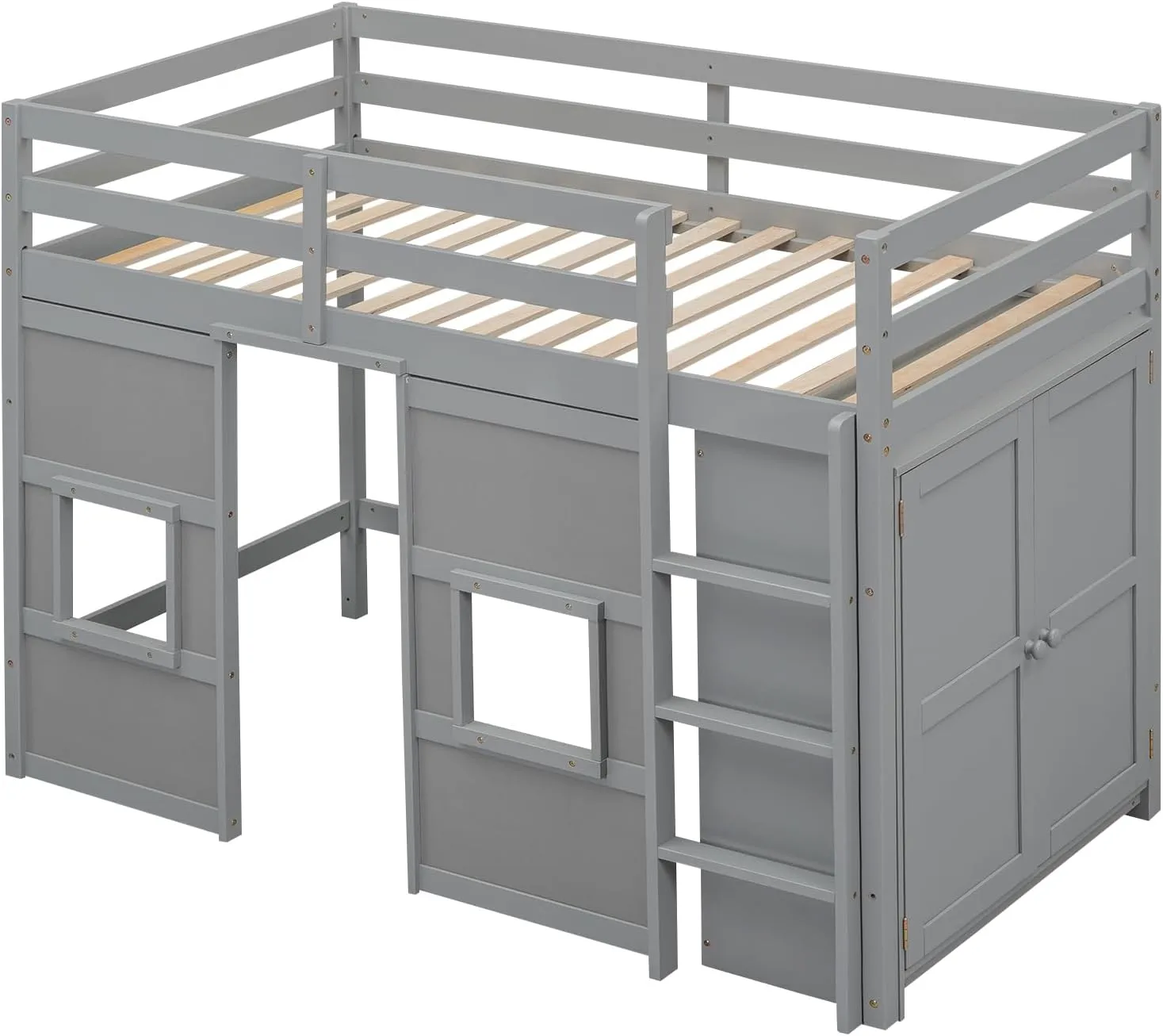 Merax Wood Loft Bed Twin Size with Storage Wardrobe, 2 Windows Design, for Teens, Boys & Girls, Grey