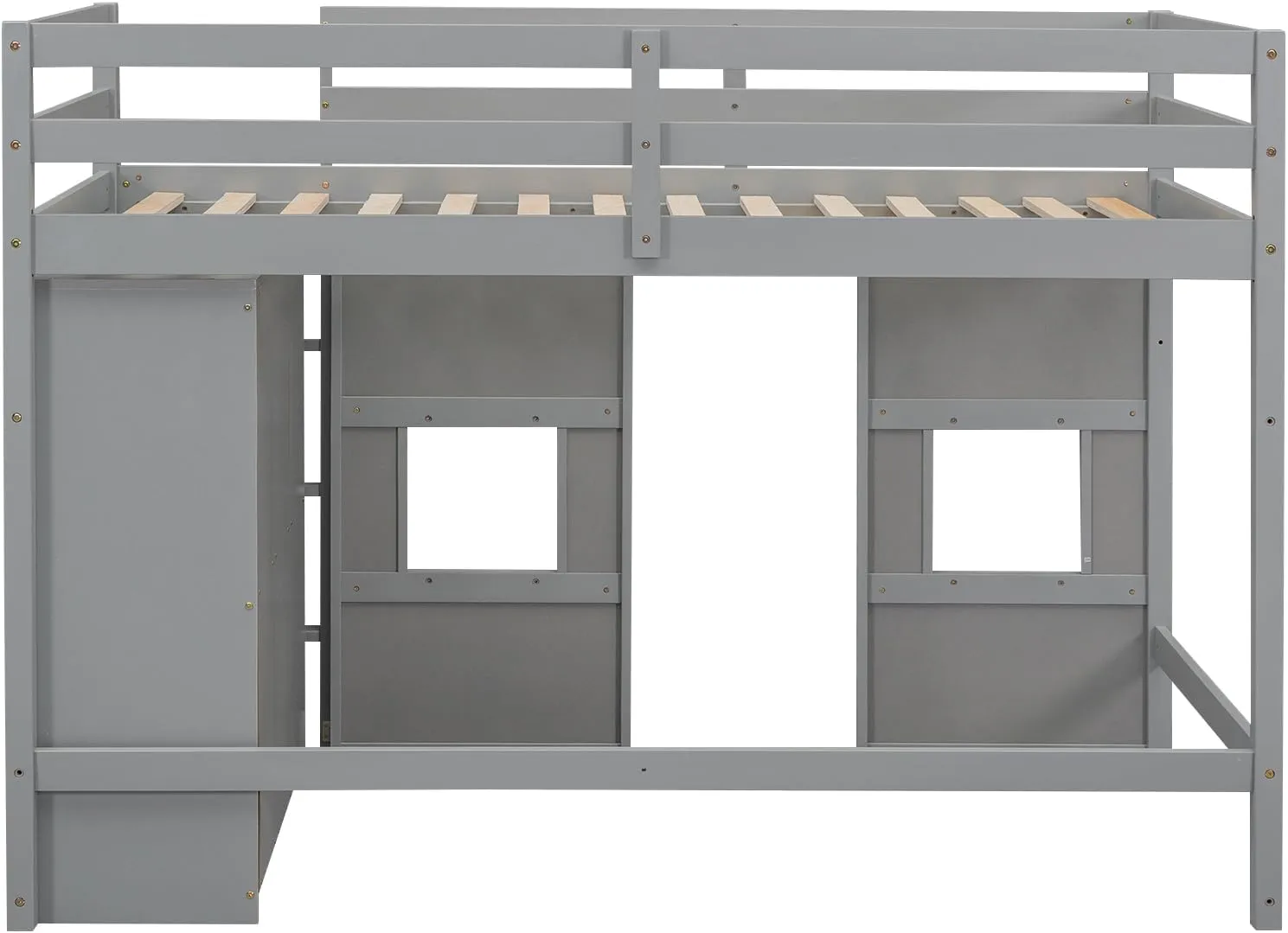 Merax Wood Loft Bed Twin Size with Storage Wardrobe, 2 Windows Design, for Teens, Boys & Girls, Grey