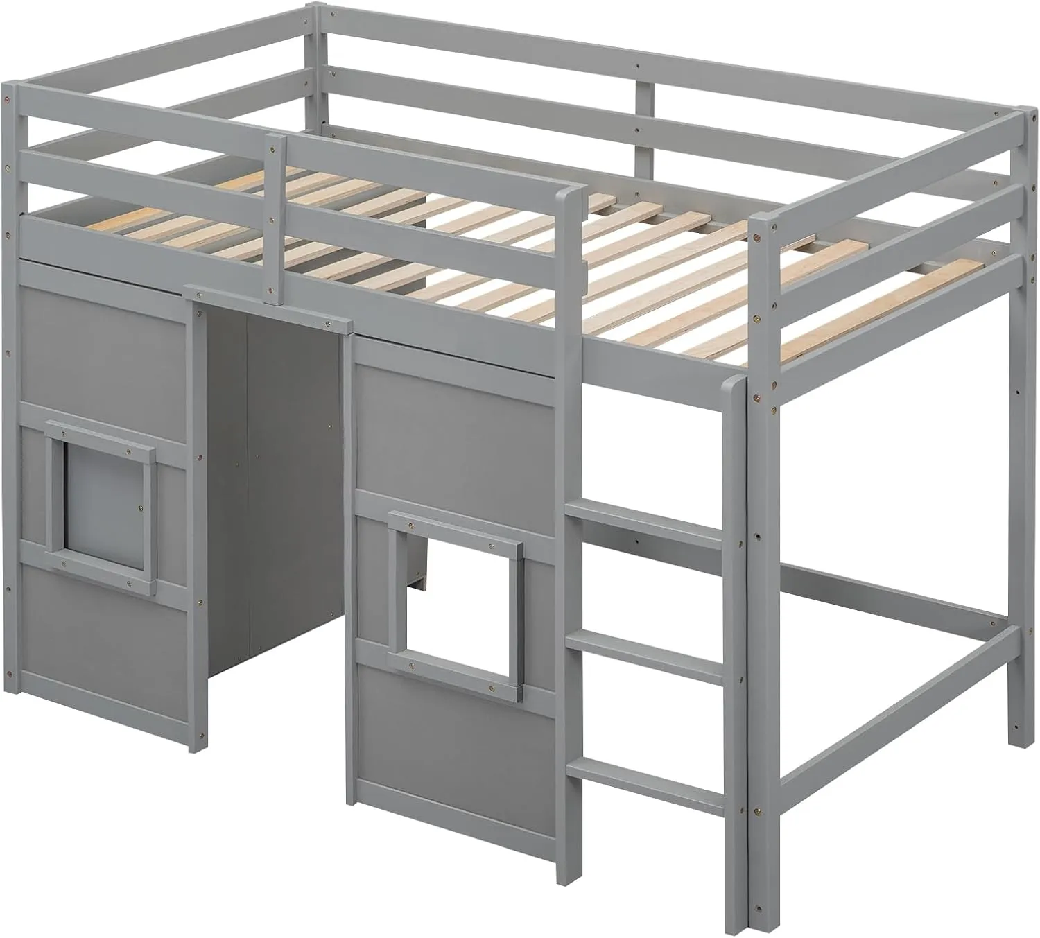 Merax Wood Loft Bed Twin Size with Storage Wardrobe, 2 Windows Design, for Teens, Boys & Girls, Grey
