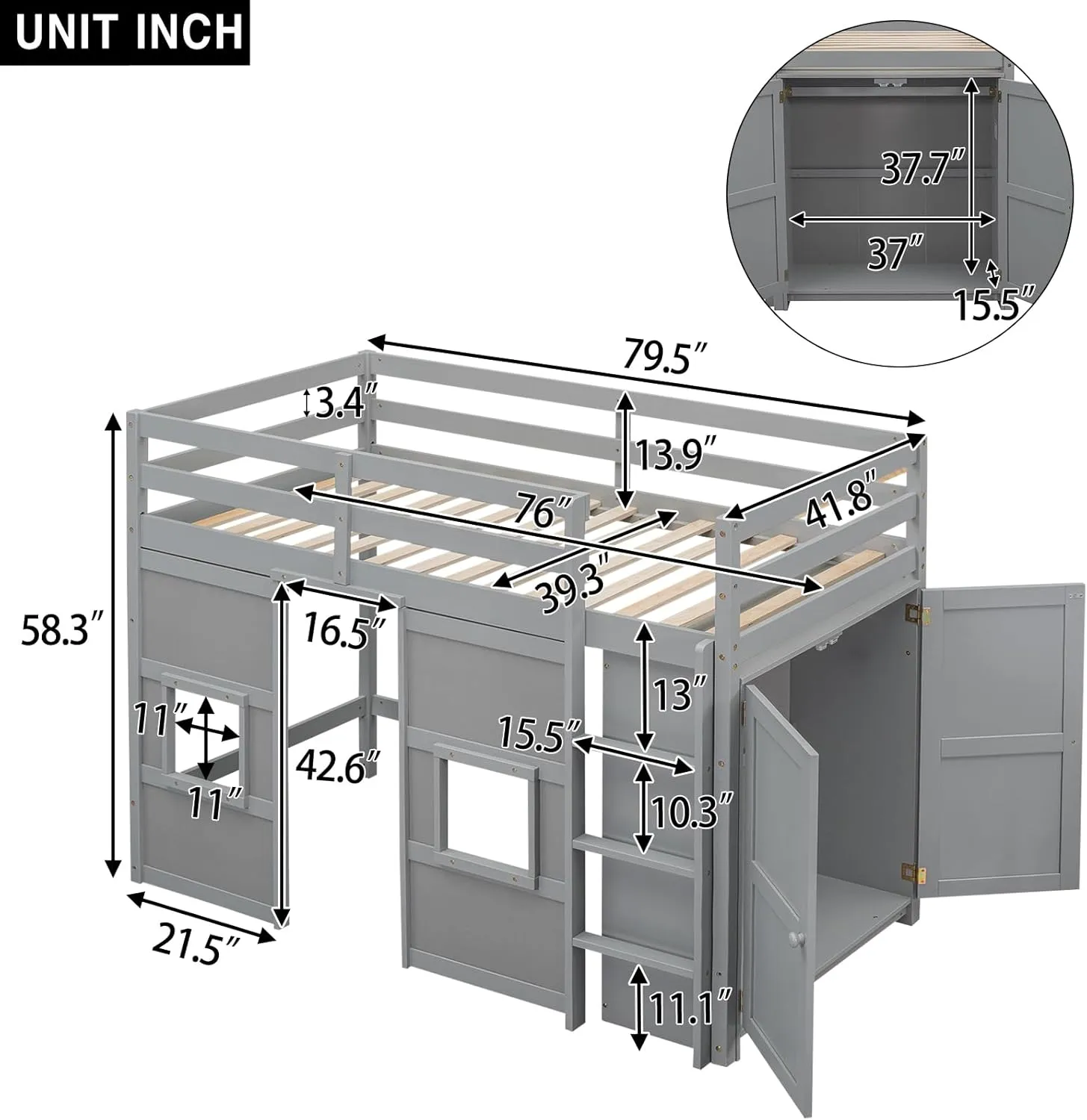 Merax Wood Loft Bed Twin Size with Storage Wardrobe, 2 Windows Design, for Teens, Boys & Girls, Grey