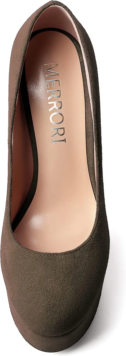 MERRORI Womens Evening Slip On Sexy Round Toe Suede Platform Chunky High Heel Pumps Shoes 6 Inch