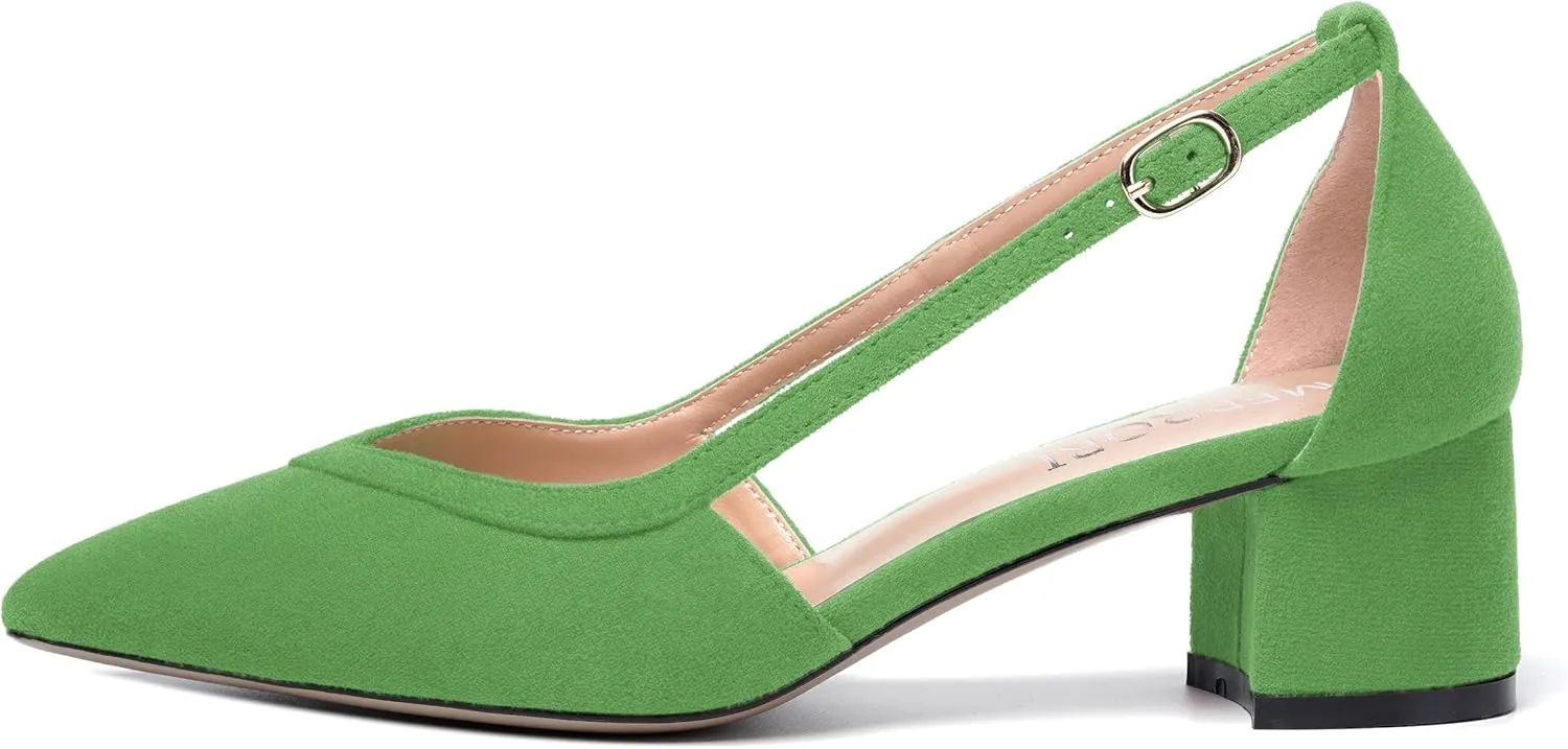 MERRORI Womens Pointed Toe Dress Heels Casual Slip On Suede Office Block Low Heel Pumps Shoes 2 Inch