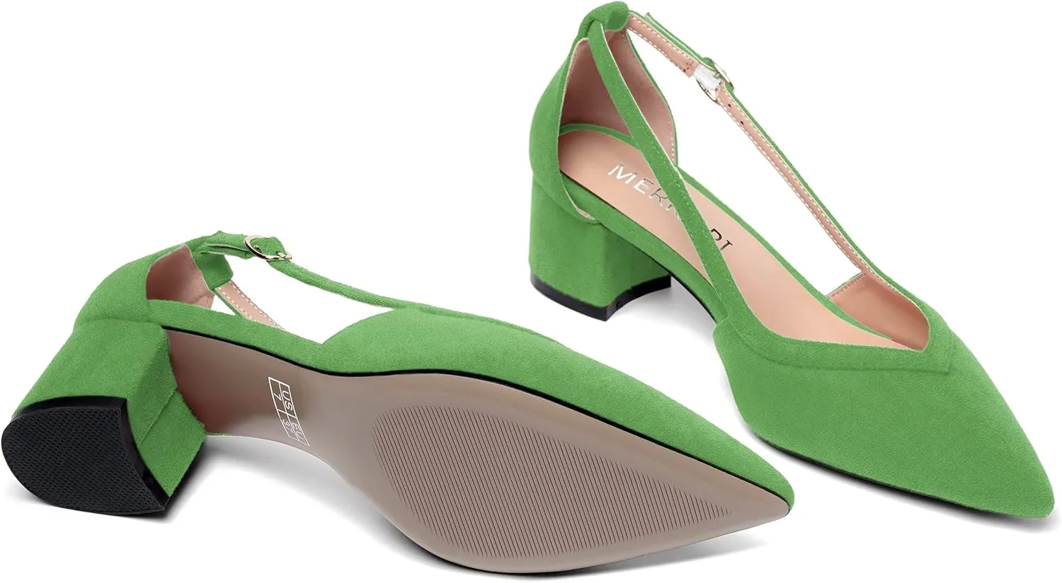 MERRORI Womens Pointed Toe Dress Heels Casual Slip On Suede Office Block Low Heel Pumps Shoes 2 Inch