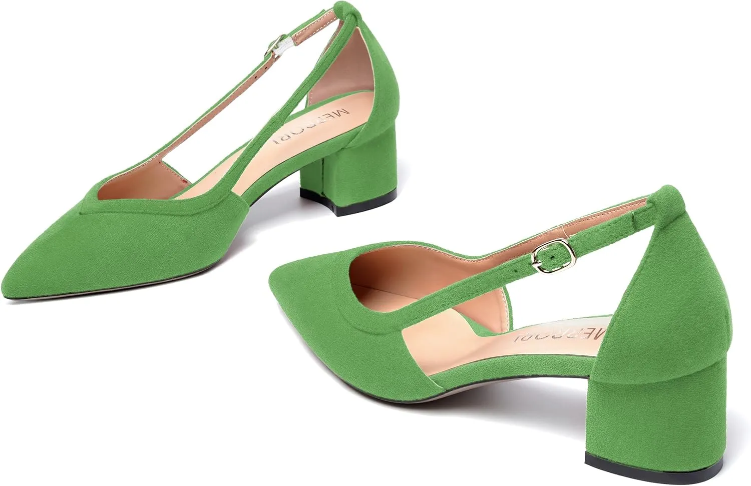 MERRORI Womens Pointed Toe Dress Heels Casual Slip On Suede Office Block Low Heel Pumps Shoes 2 Inch