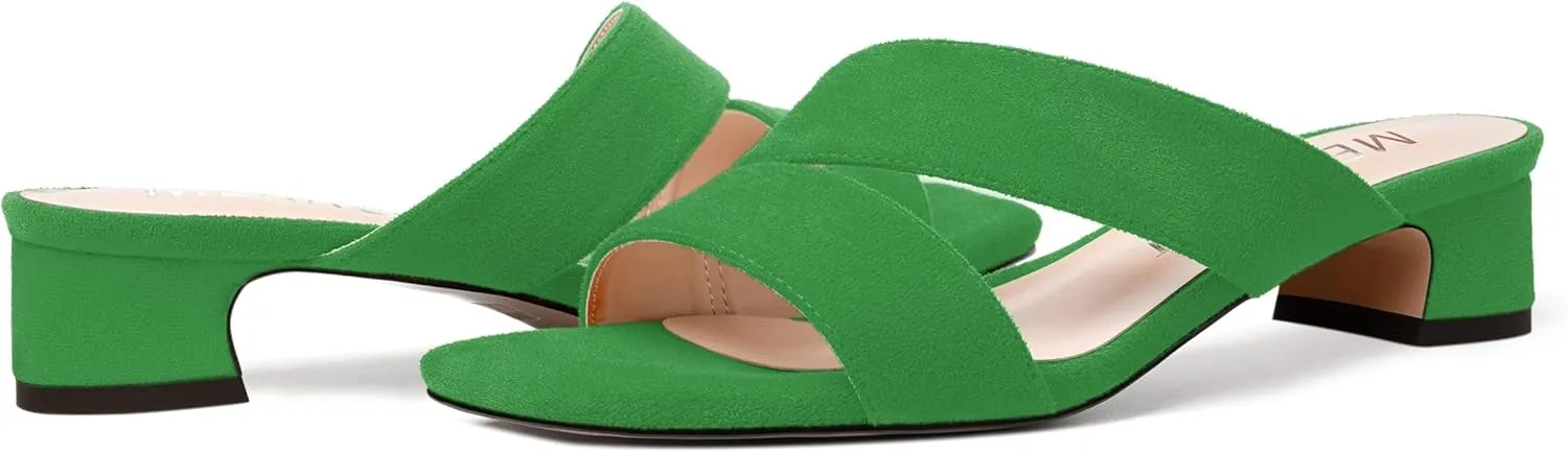 MERRORI Womens Slip On Casual Open Toe Evening Suede Chunky Low Heel Heeled Sandals 1.5 Inch