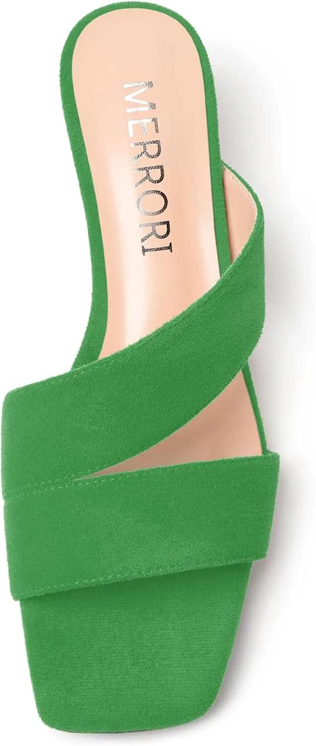 MERRORI Womens Slip On Casual Open Toe Evening Suede Chunky Low Heel Heeled Sandals 1.5 Inch