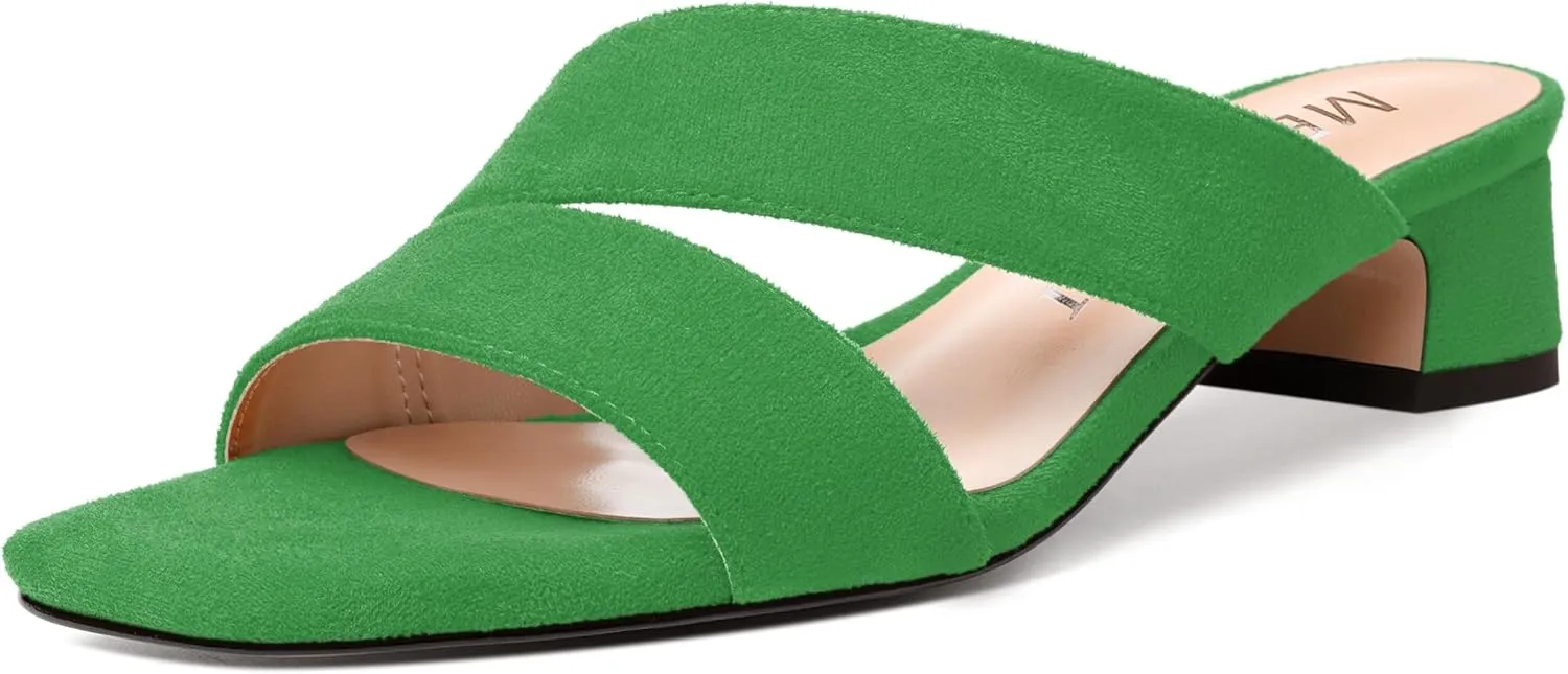 MERRORI Womens Slip On Casual Open Toe Evening Suede Chunky Low Heel Heeled Sandals 1.5 Inch
