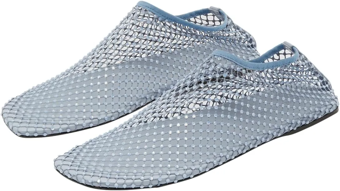 Mesh Ballet Flats Round Toe Shiny Gem Mesh Flats Rhinestone Short Boots Sexy Sandals Cutout Sparkly Comfortable Beach Casual Dress Flats for Women