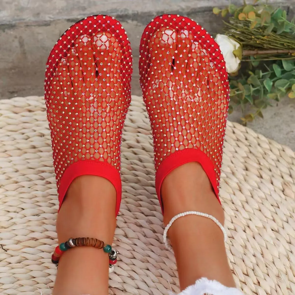 Mesh Ballet Flats Round Toe Shiny Gem Mesh Flats Rhinestone Short Boots Sexy Sandals Cutout Sparkly Comfortable Beach Casual Dress Flats for Women