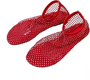 Mesh Ballet Flats Round Toe Shiny Gem Mesh Flats Rhinestone Short Boots Sexy Sandals Cutout Sparkly Comfortable Beach Casual Dress Flats for Women