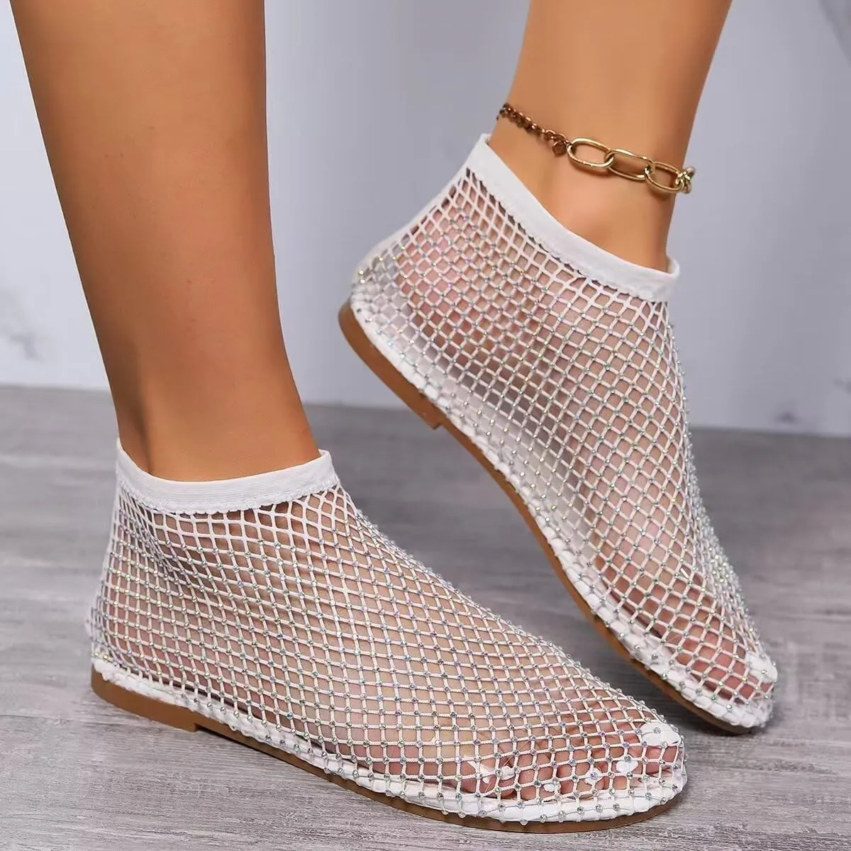 Mesh Ballet Flats Round Toe Shiny Gem Mesh Flats Rhinestone Short Boots Sexy Sandals Cutout Sparkly Comfortable Beach Casual Dress Flats for Women