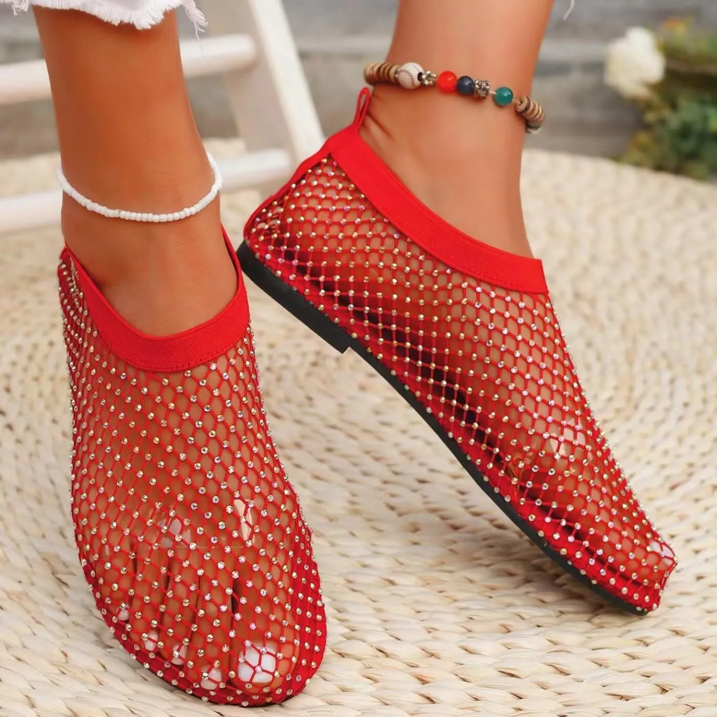 Mesh Ballet Flats Round Toe Shiny Gem Mesh Flats Rhinestone Short Boots Sexy Sandals Cutout Sparkly Comfortable Beach Casual Dress Flats for Women